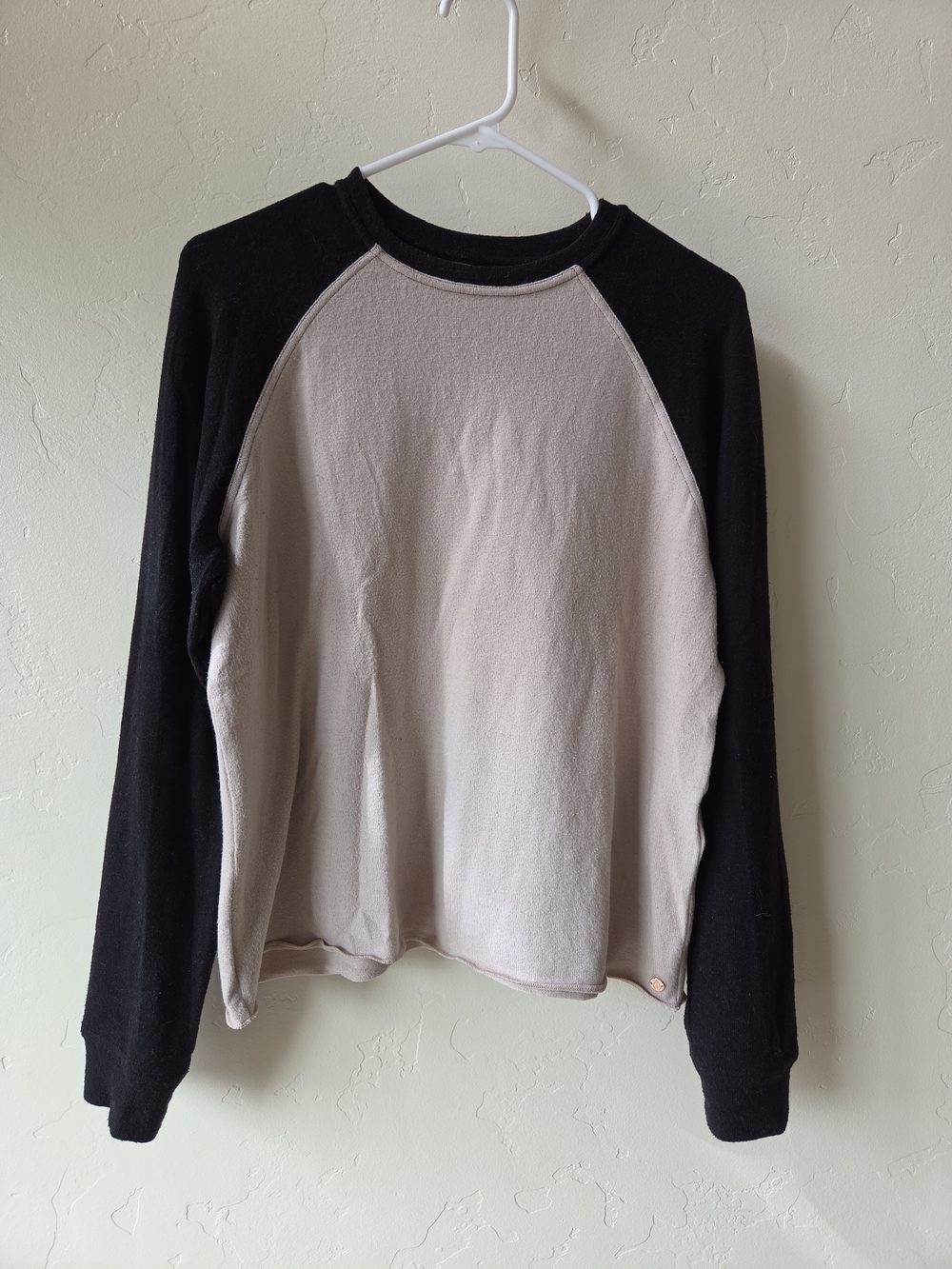 Volcom Crewneck Raglan Pullover Top in Beige and Black
